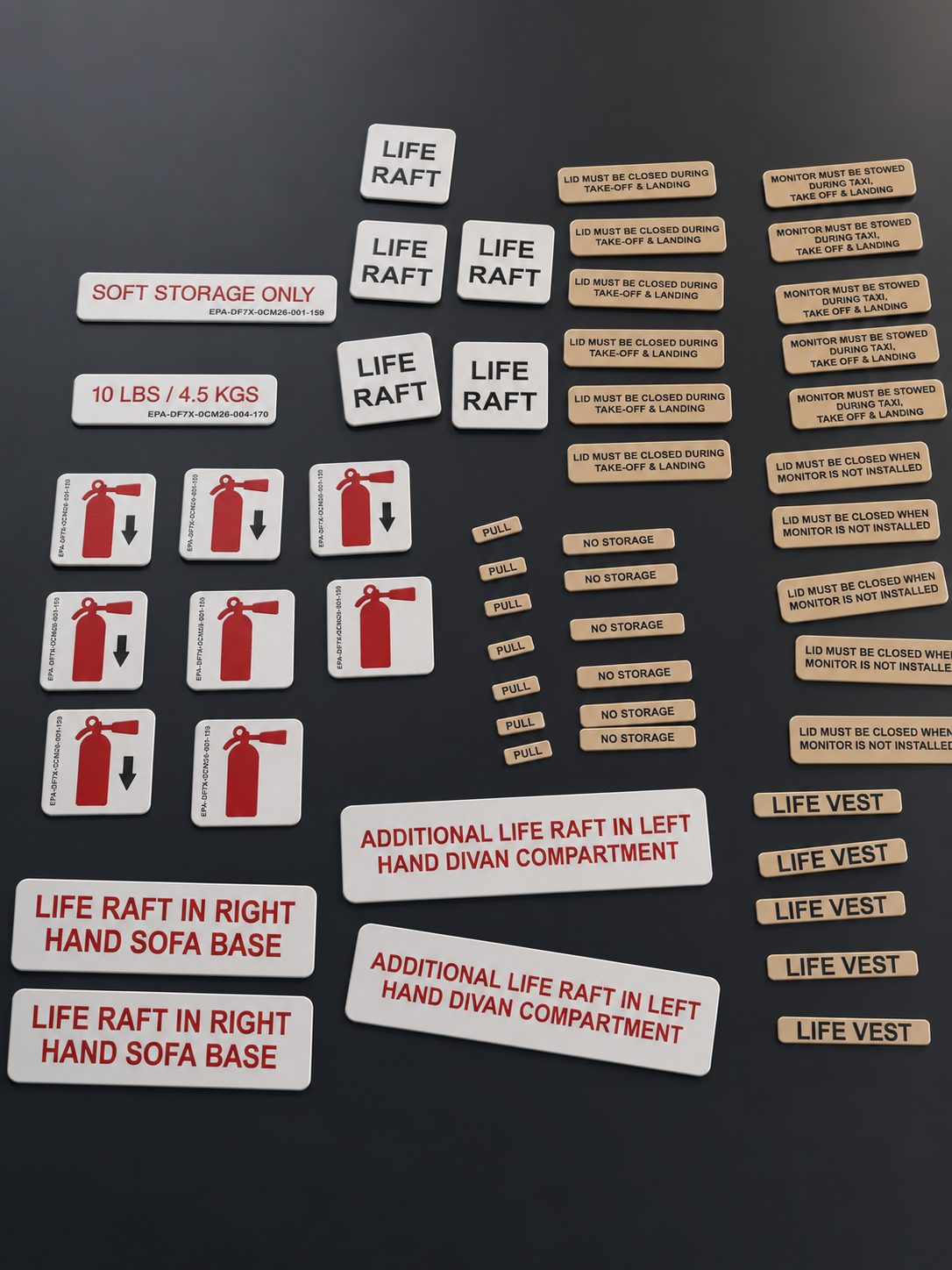 Produced aircraft placards and safety labels